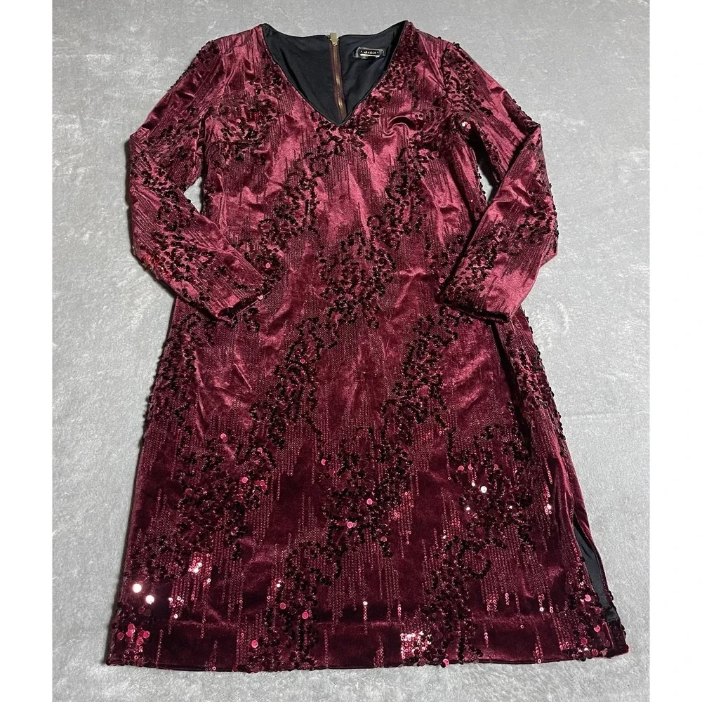 Alexia Admor Dress Womens 8 Wine Red Velvet Sequin Long Sleeve V Neck